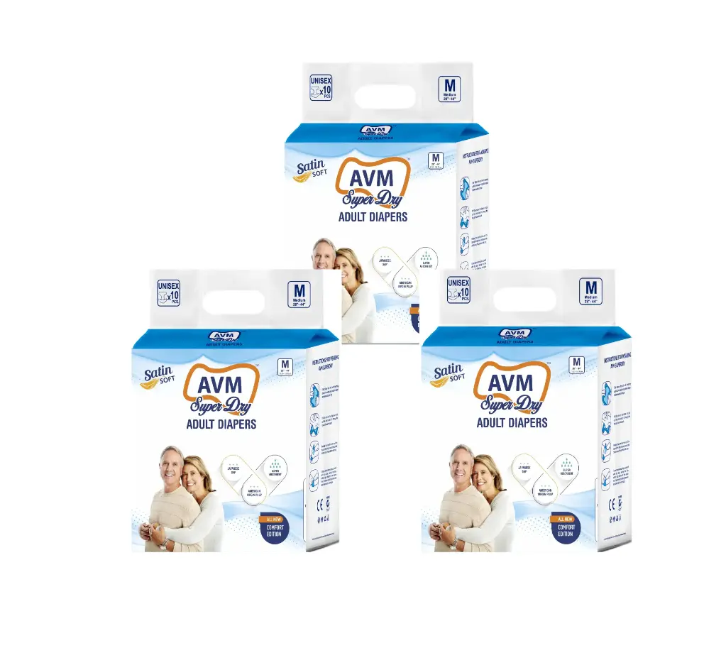 AVM Super Dry Comfort Adult Diaper M Size (Medium) | Unisex | Waist (28"-44" | 71-111 cms) PACK OF 3 (30 pcs) | High Absorption | Wetness indicator | Leak proof | Odour lock.