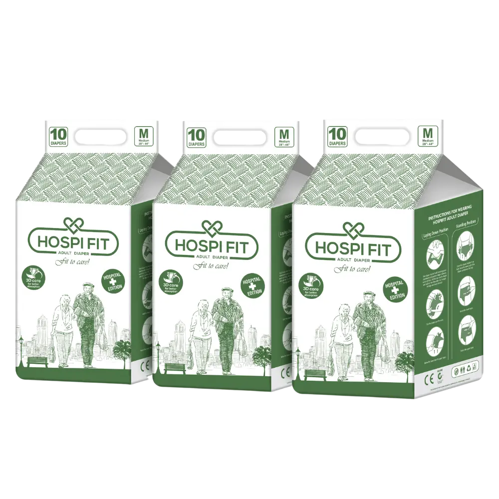 Hospifit Adult Diaper - Unisex Medium size (28"-44") PACK OF 3 with High Absorption/Wetness indicator/Leak proof/Odour lock.