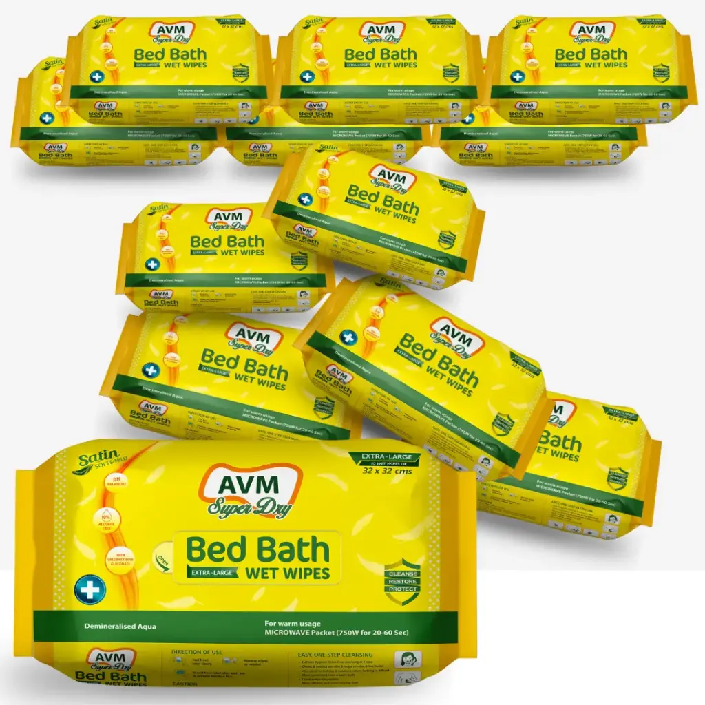 AVM Super Dry Bed Bath Wet Wipes Extra Large (32 * 32 cm) | Pack of 12-120 Pcs | Soft and Hygiene | Refreshing Sponge Bath | Skin-Friendly.