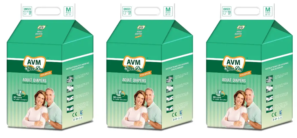 AVM Super Dry Premium Adult Diaper M size | Waist (28"-44") PACK OF 3 (30 pcs)