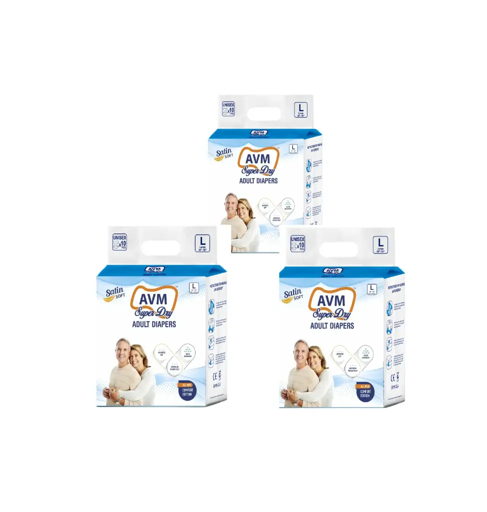 AVM Super Dry Comfort Adult Diaper L Size (Large) | Unisex | Waist (38"-60" | 96-152 cms) PACK OF 3 (30 pcs) | High Absorption | Wetness indicator | Leak proof | Odour lock.
