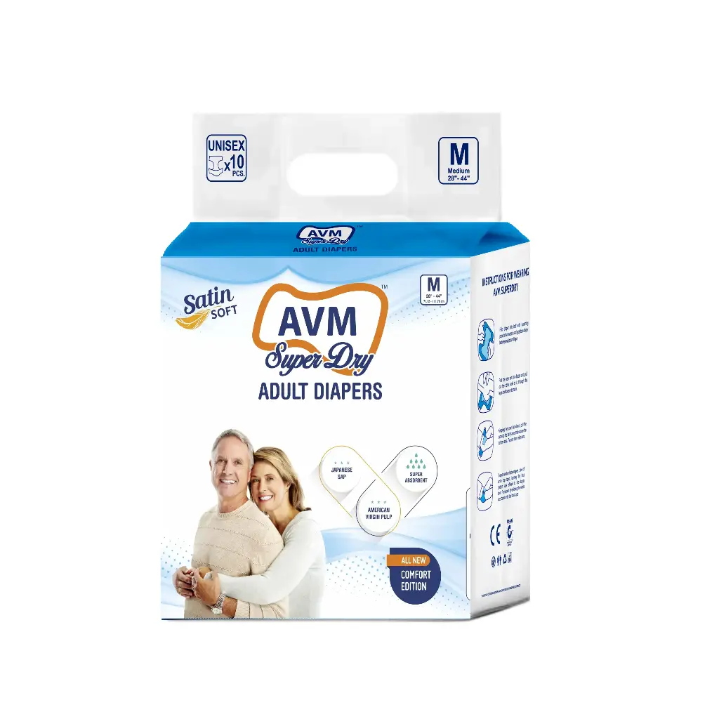 AVM Super Dry Comfort Adult Diaper M Size (Medium) | Unisex | Waist (28"-44" | 71-111 cms) PACK OF 1 (10 pcs) | High Absorption | Wetness indicator | Leak proof | Odour lock.
