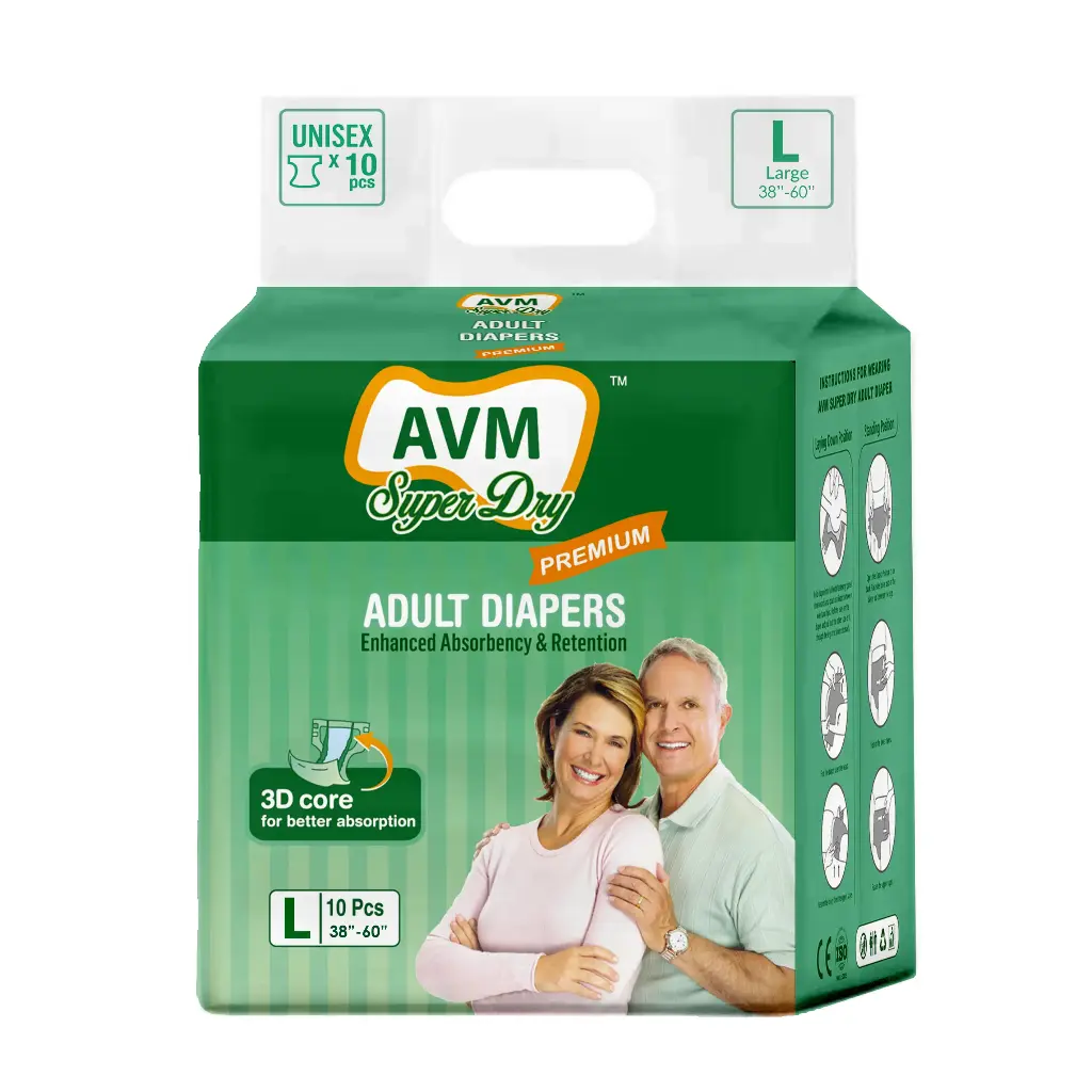 AVM Super Dry Premium Adult Diaper L size (Large) | Tape Style | Waist (38"-60") | High Absorption | Wetness indicator | Leak proof | Odour lock.(10 Pcs)