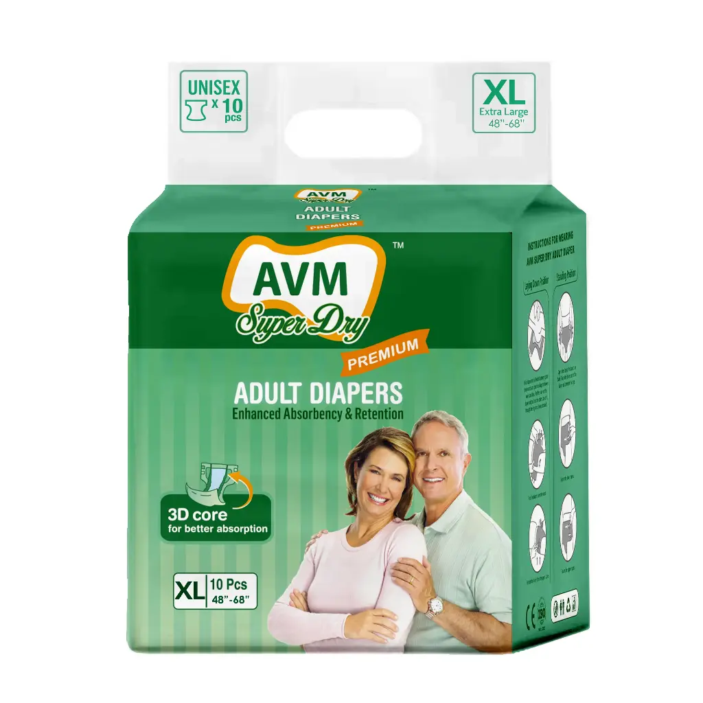 AVM Super Dry Premium Adult Diaper XL size (Extra Large) | Tape Style | Waist (48"-68") | High Absorption | Wetness indicator | Leak proof | Odour lock. (10 Pcs)