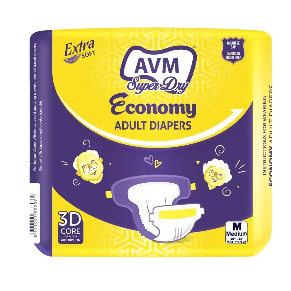 AVM Super Dry Economy Adult Diaper M size (Medium) | Waist (28"-44" | 71-111 cms)| Unisex | Absorption-Protection | Odour Control | 10 Pcs/1 Pack