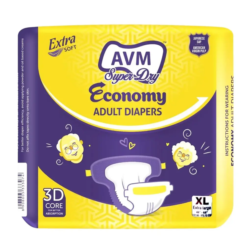 AVM Super Dry Economy Adult Diaper XL size (Extra Large) | Waist (48"-68" | 121-172 cms)| Unisex | Absorption-Protection | Odour Control | 10 Pcs/1 Pack