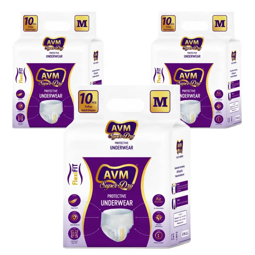 AVM Super Dry Protective Underwear Pull Up Adult Diaper M size (Medium) | Unisex | Waist (24" - 48" | 61-122 cms) Pack of 3 | High Absorption | Leakproof