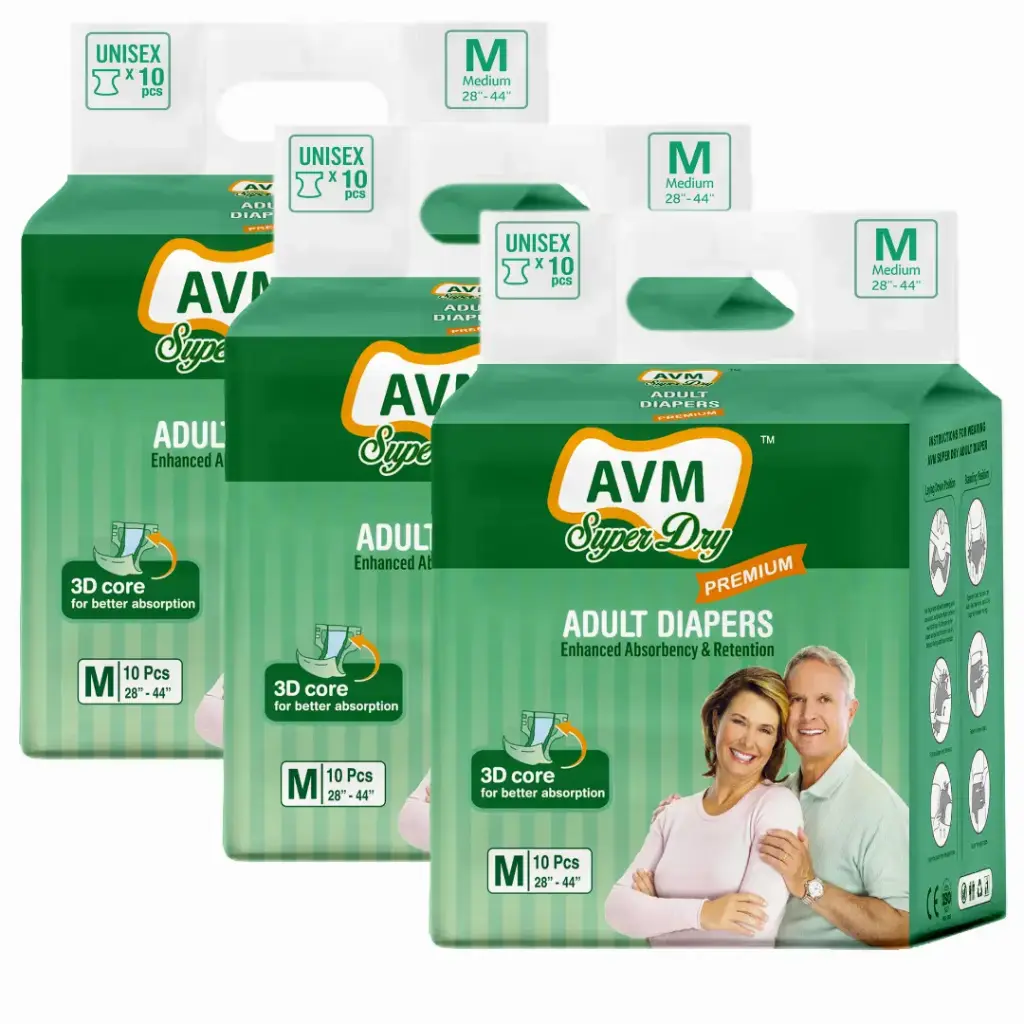 AVM Super Dry Premium Adult Diaper M size (Medium) | Unisex | Waist (28"-44") PACK OF 3 (30 pcs) | High Absorption | Wetness indicator | Leak proof | Odour lock.