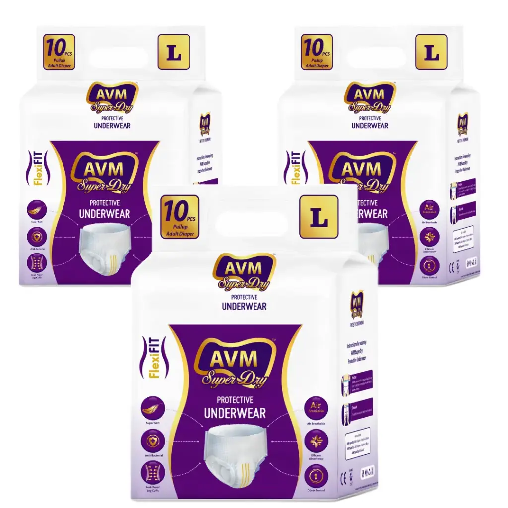 AVM Super Dry Protective Underwear Adult Diaper Pants L size Waist (32" - 55" | 81-140 cms) Pack of 3 - (30 Pcs)