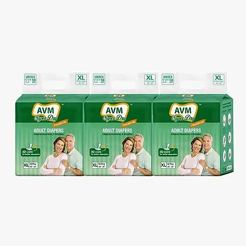 AVM Super Dry Premium Adult Diaper XL size (Extra Large) | Unisex | Waist (48"-68") PACK OF 3 (30 pcs) | High Absorption | Wetness indicator | Leak proof | Odour lock.