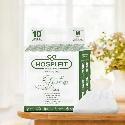 Hospifit Adult Diaper M Size (Medium) | Waist Size (28"-44") | PACK OF 1 (10 pcs) | High Absorption | Leak proof