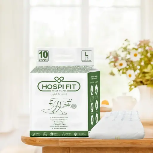 Hospifit Adult Diaper L Size (Large) | Waist Size (38"-60") | PACK OF 1 (10 pcs) | Unisex | High Absorption | Leak proof | Odour lock.