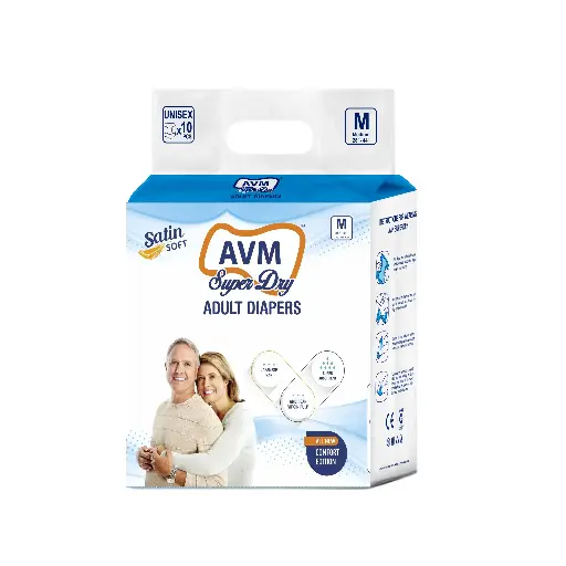 AVM Super Dry Comfort Adult Diaper M Size (Medium) | Unisex | Waist (28"-44" | 71-111 cms) PACK OF 1 (10 pcs) | High Absorption | Wetness indicator | Leak proof | Odour lock.