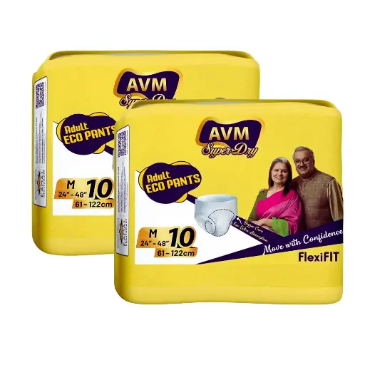 AVM Super Dry ECO Adult Diaper Pants M Size (Medium) | Waist (24-48 Inches | 61-122 cm) - 2 Pack | 20 Pcs | Unisex | Flexifit | Odour Control | Efficient Absorbecy
