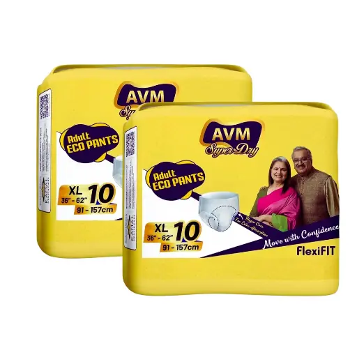 AVM Super Dry ECO Pants Adult Diaper XL (Extra Large) | Waist (81-140 cms | 32"-55") | Unisex | Leak Proof | Anti Bacterial - 2 Pack /20 Pcs