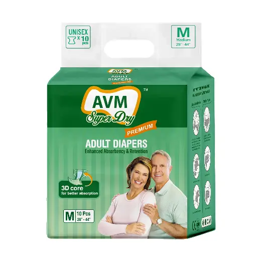 AVM Super Dry Premium Adult Diaper M size (Medium) | Tape Style | Waist (28"-44") | High Absorption | Wetness indicator | Leak proof | Odour lock. (10 pcs)