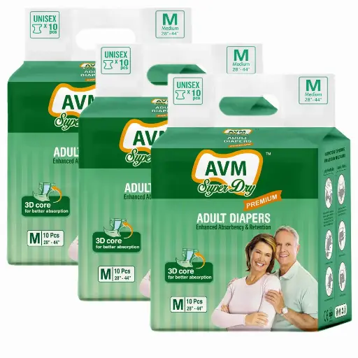 AVM Super Dry Premium Adult Diaper M size (Medium) | Unisex | Waist (28"-44") PACK OF 3 (30 pcs) | High Absorption | Wetness indicator | Leak proof | Odour lock.